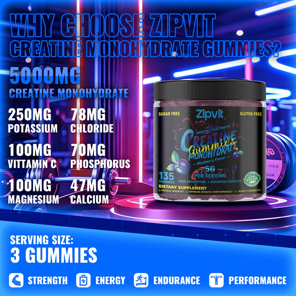zipvit Creatine Monohydrate Gummies (5g) – Pre-Workout Energy & Muscle Growth Support for Men & Women | Orange Electrolyte Gummies (135 Count)