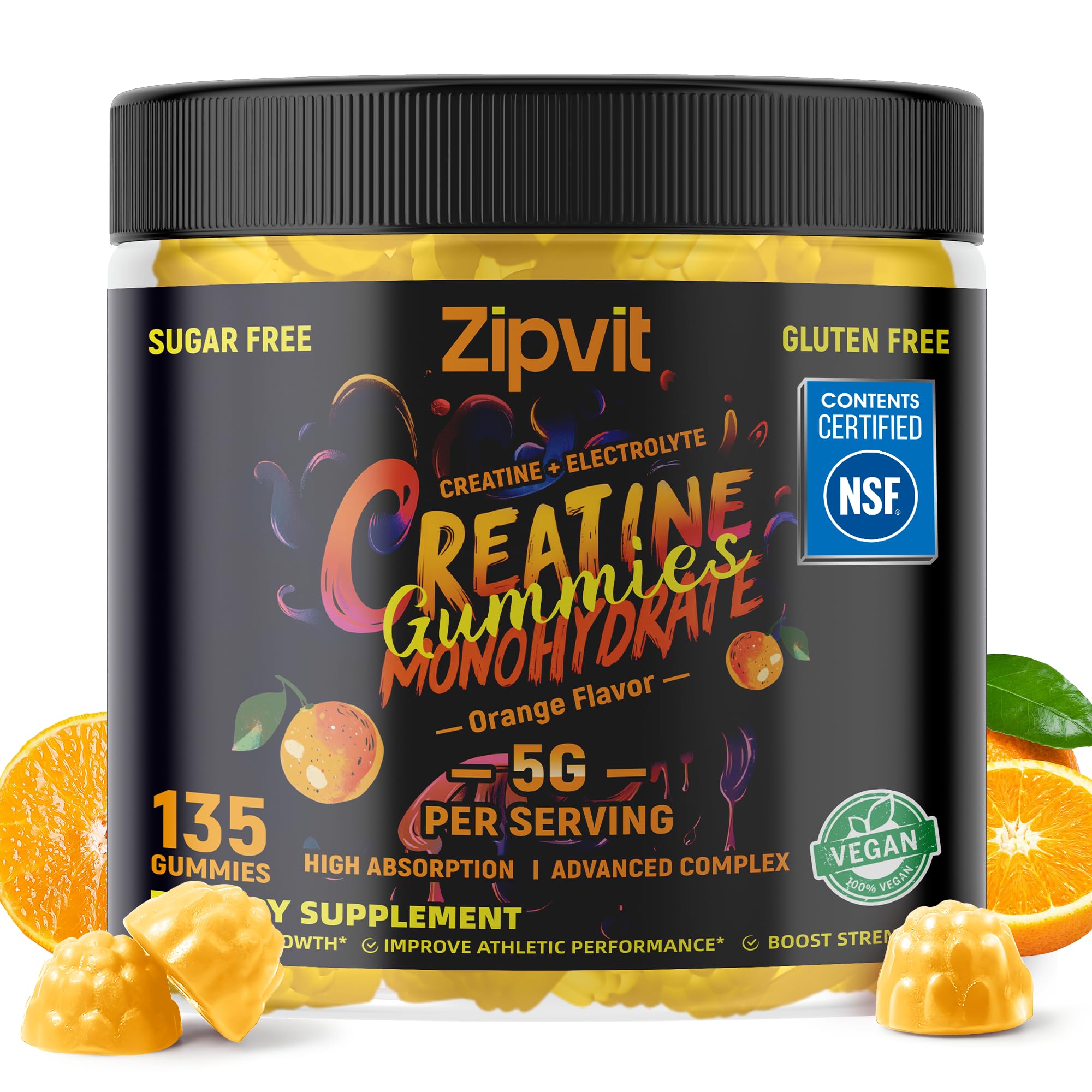 zipvit Creatine Monohydrate Gummies (5g) – Pre-Workout Energy & Muscle Growth Support for Men & Women | Orange Electrolyte Gummies (135 Count)