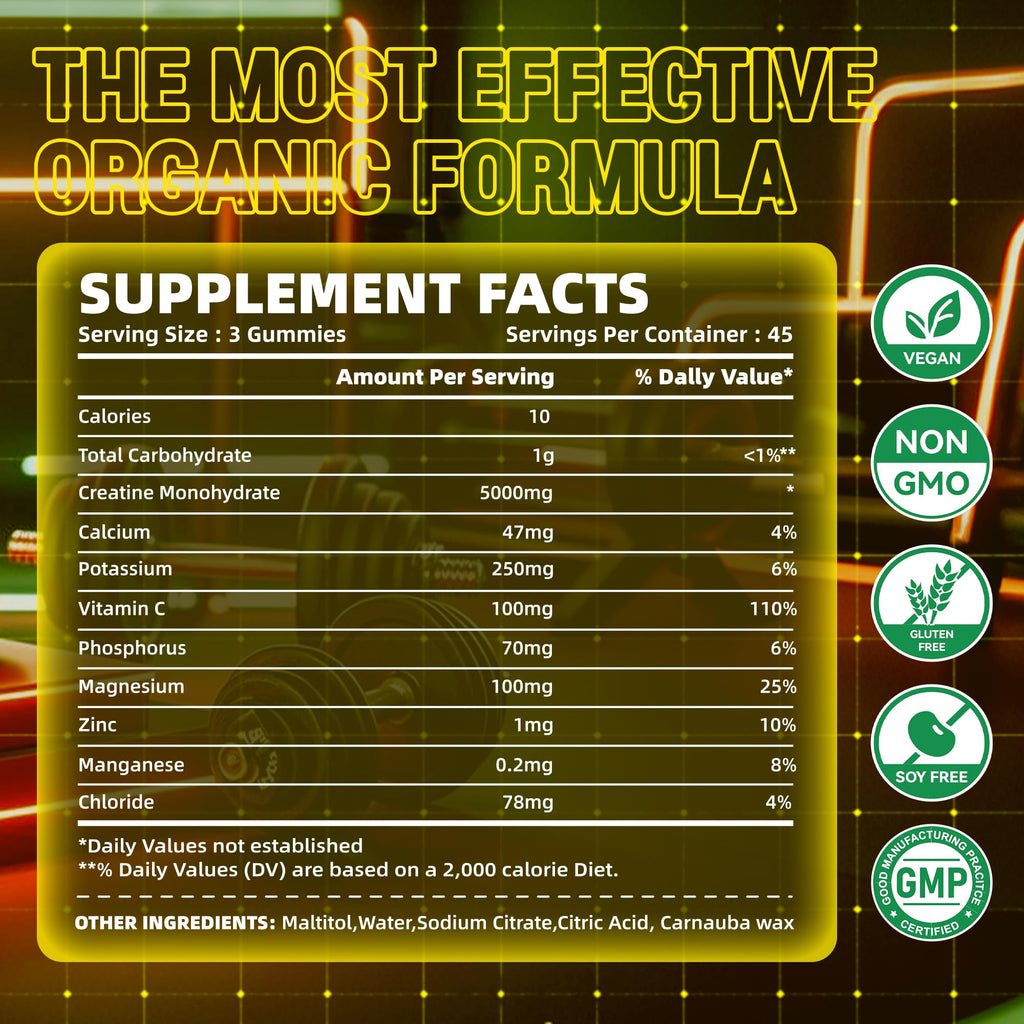 zipvit Creatine Monohydrate Gummies (5g) – Pre-Workout Energy & Muscle Growth Support for Men & Women | Orange Electrolyte Gummies (135 Count)