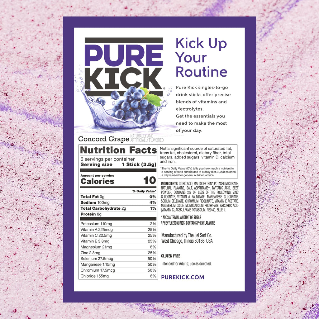 PURE KICK Energy and Hydrate Singles To Go Drink Mix Variety Pack, Black cherry Pomegranate, Orange Passion Fruit, Strawberry watermelon and Concord Grape, 30 Count (Pack - 1)