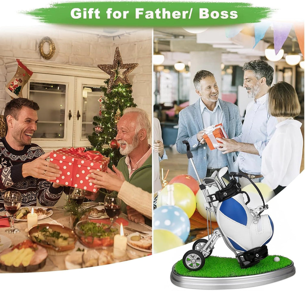 Golf Pen Holder 3 Club Pens & Movable Cart, Mini Golf Bag Desk Decor for Office, Funny Gifts for Men, Dad, Boss Stocking Stuffers for Golfers on Birthday, Christmas, Fathers Day (Blue)