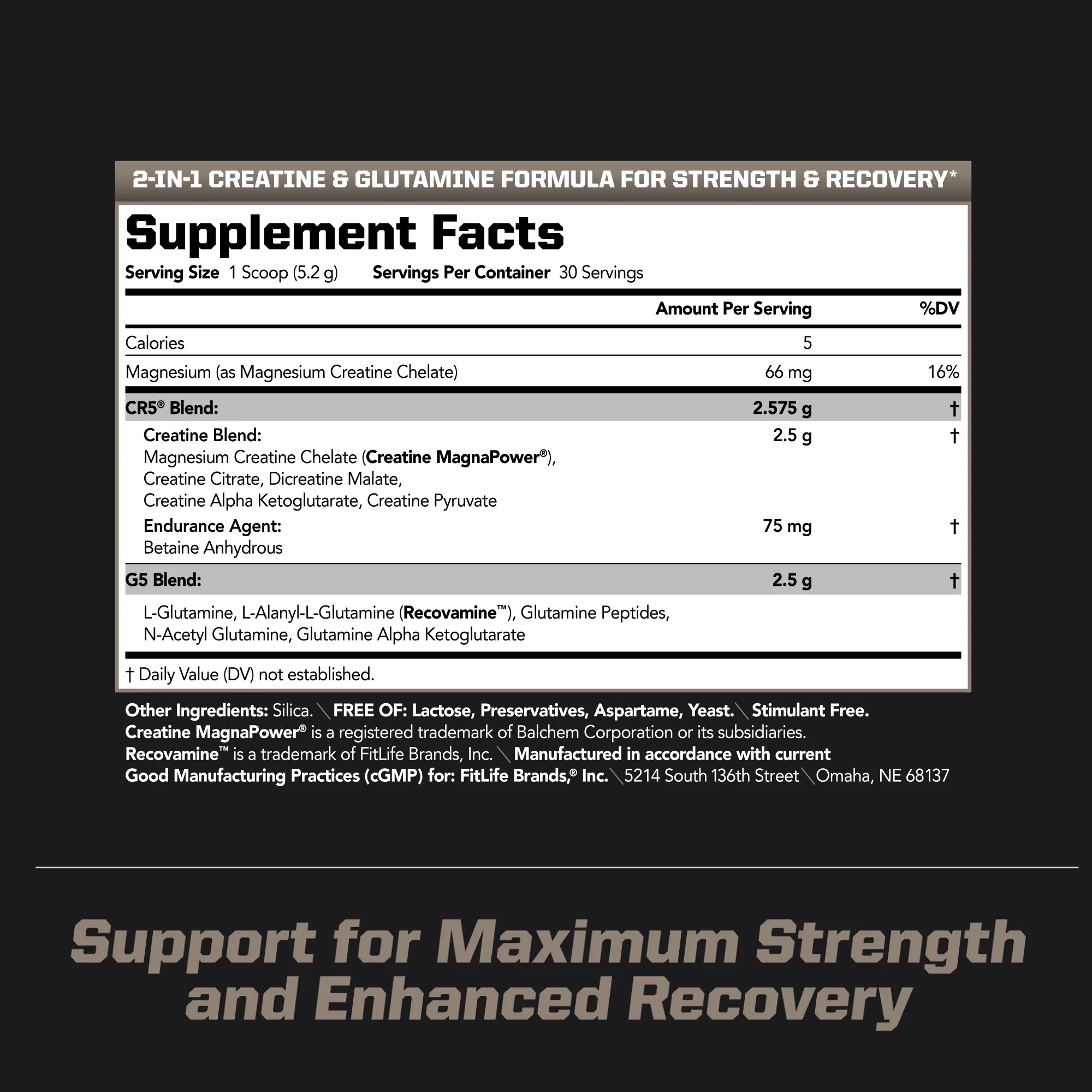 Sports CG5 - Premium Creatine and L Glutamine Powder - Maximum Strength Power Recovery, Build Lean Muscle, Increase Workout Performance - Pre Workout and Post Workout - Unflavored (30 Servings)