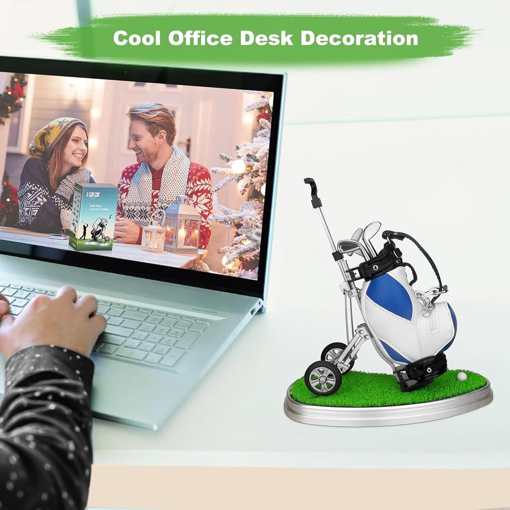 Golf Pen Holder 3 Club Pens & Movable Cart, Mini Golf Bag Desk Decor for Office, Funny Gifts for Men, Dad, Boss Stocking Stuffers for Golfers on Birthday, Christmas, Fathers Day (Blue)